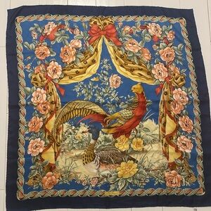 Salvatore Ferragamo Scarf Pure Silk Bird Bow Flowers Blue Square 86 CM 33"